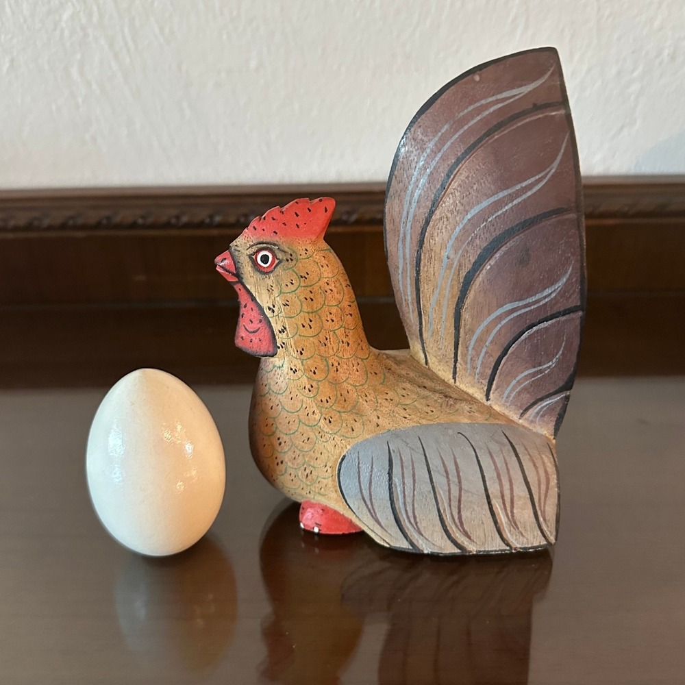 Vintage Hand Carved Wood Chicken Figurine with Egg Indonesia Folk Art Farmhouse